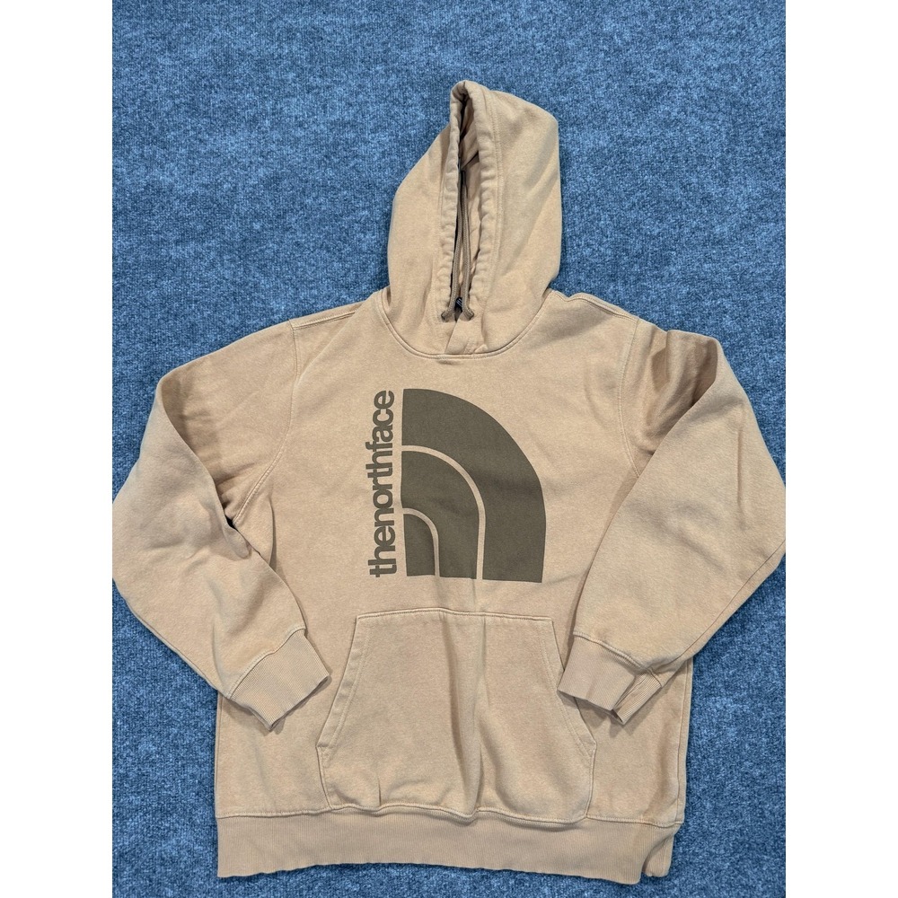 The North Face Hoodie Mens Large Beige Fleece‎ Pullover Big Logo Kangaroo Pocket